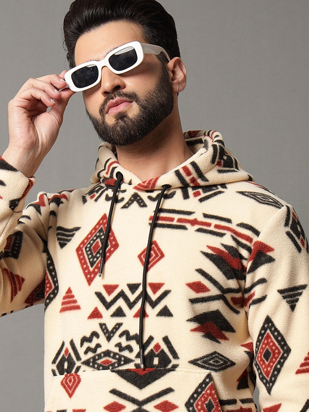 SZN Men Beige Long Sleeves Cotton Pullover Hooded Sweatshirts