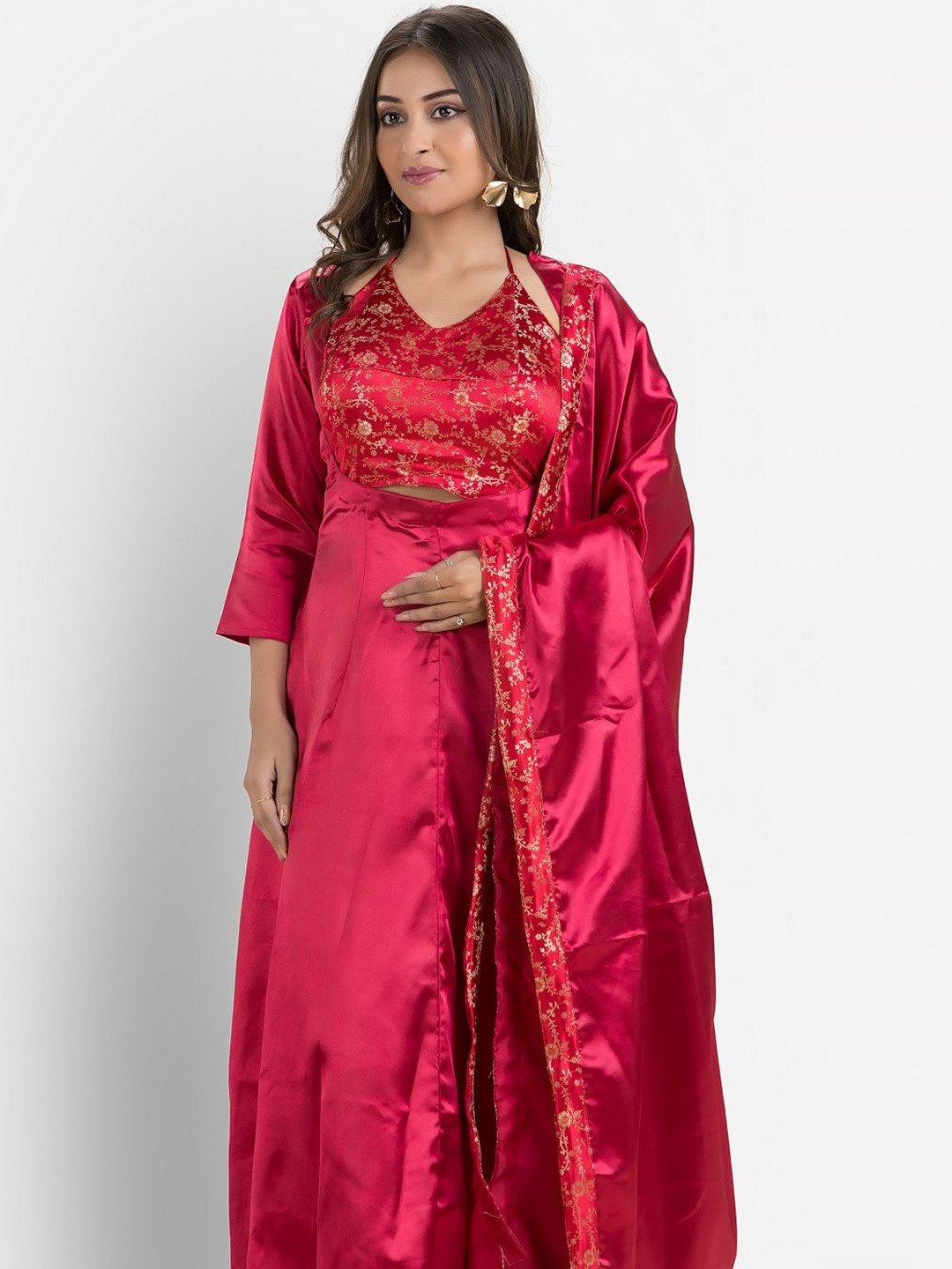 Crazy Needle Woven Design Cut-Outs Detail A-Line Maxi Ethnic Dress Comes with a Dupatta