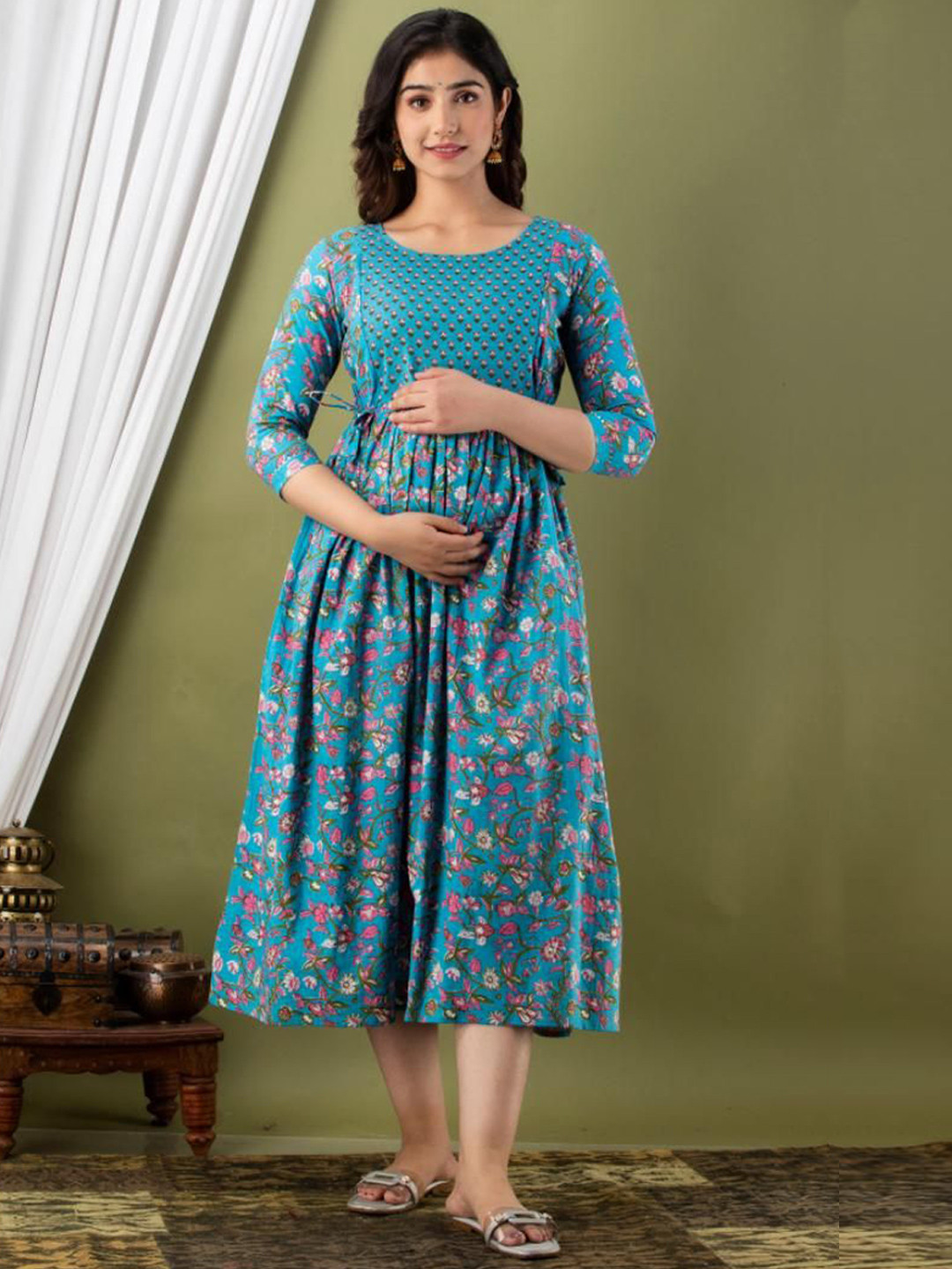 Ashvy Floral Printed Round Neck Fit and Flare Pure Cotton Maternity Ethnic Dress