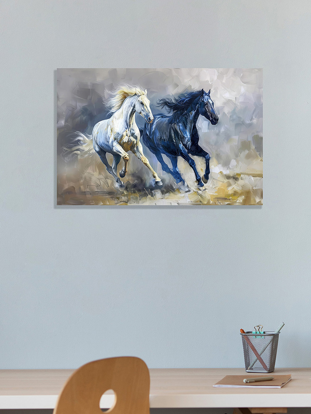 nestroots Blue & White Running Horse Printed Canvas Wall Art