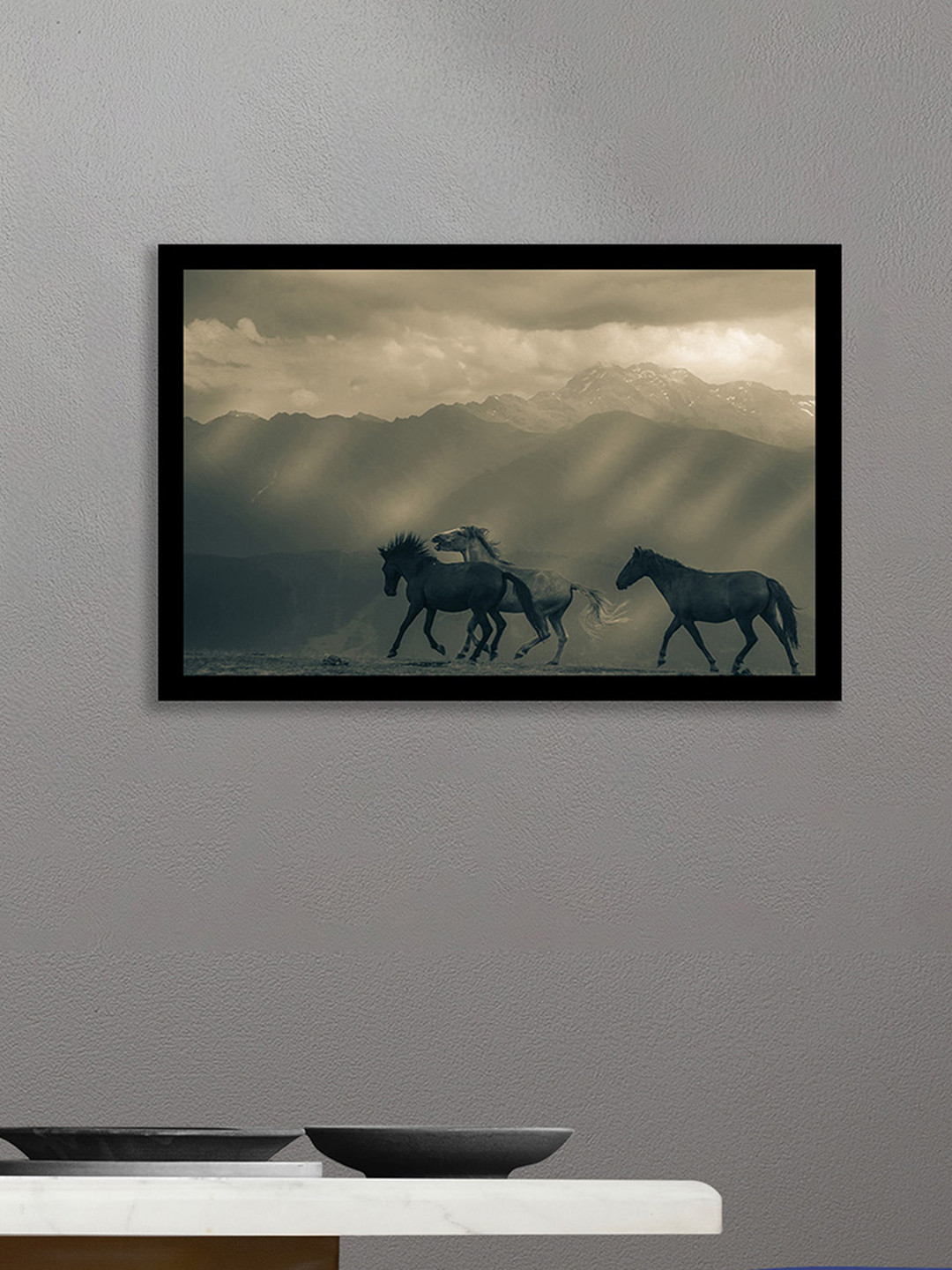 nestroots When Mountains Watch Green & Beige Horse Printed Canvas Wall Art
