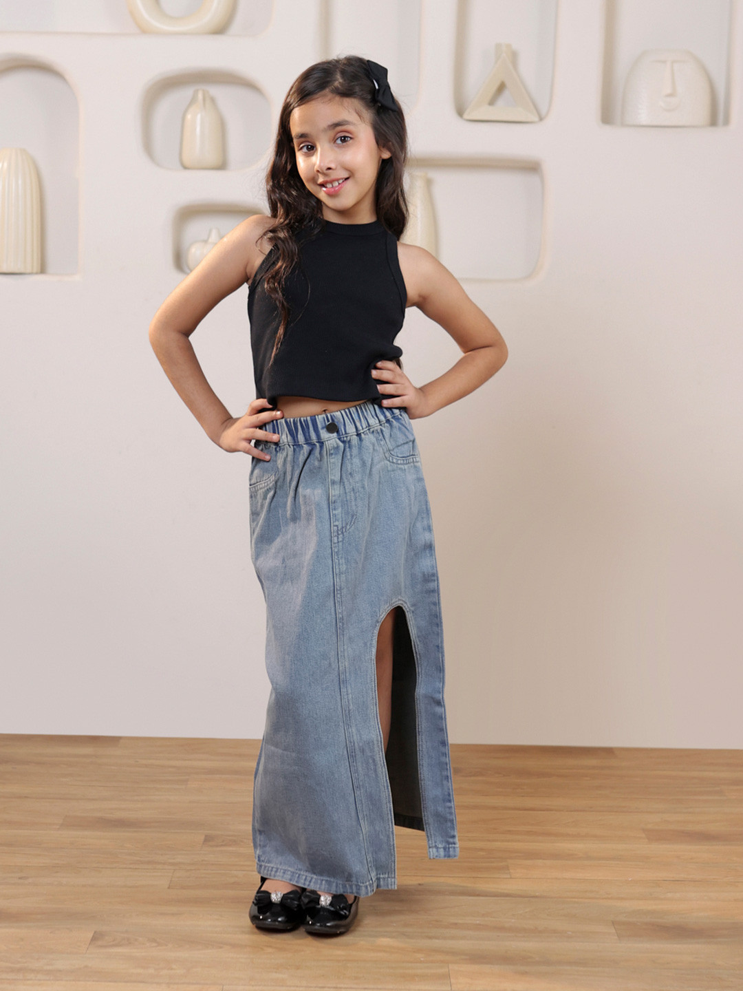 SHORGUL Girls Round Neck Pure Cotton Crop Top With Denim Slit Skirt