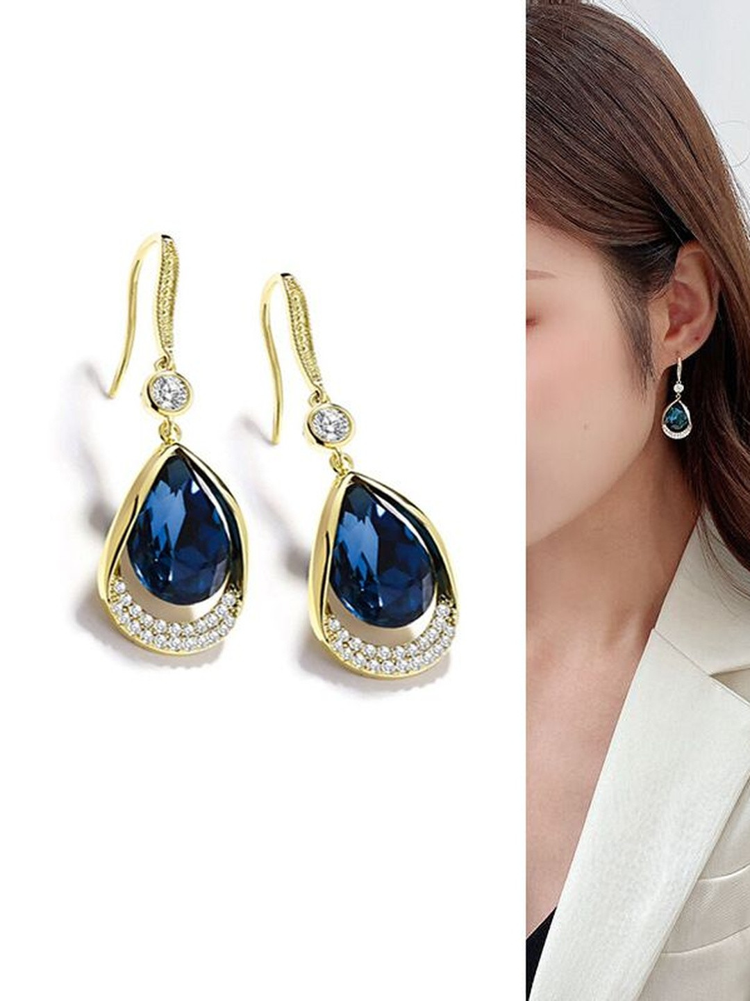 Celestique Artificial Stones Studded Korean Teardrop Shaped Drop Earrings