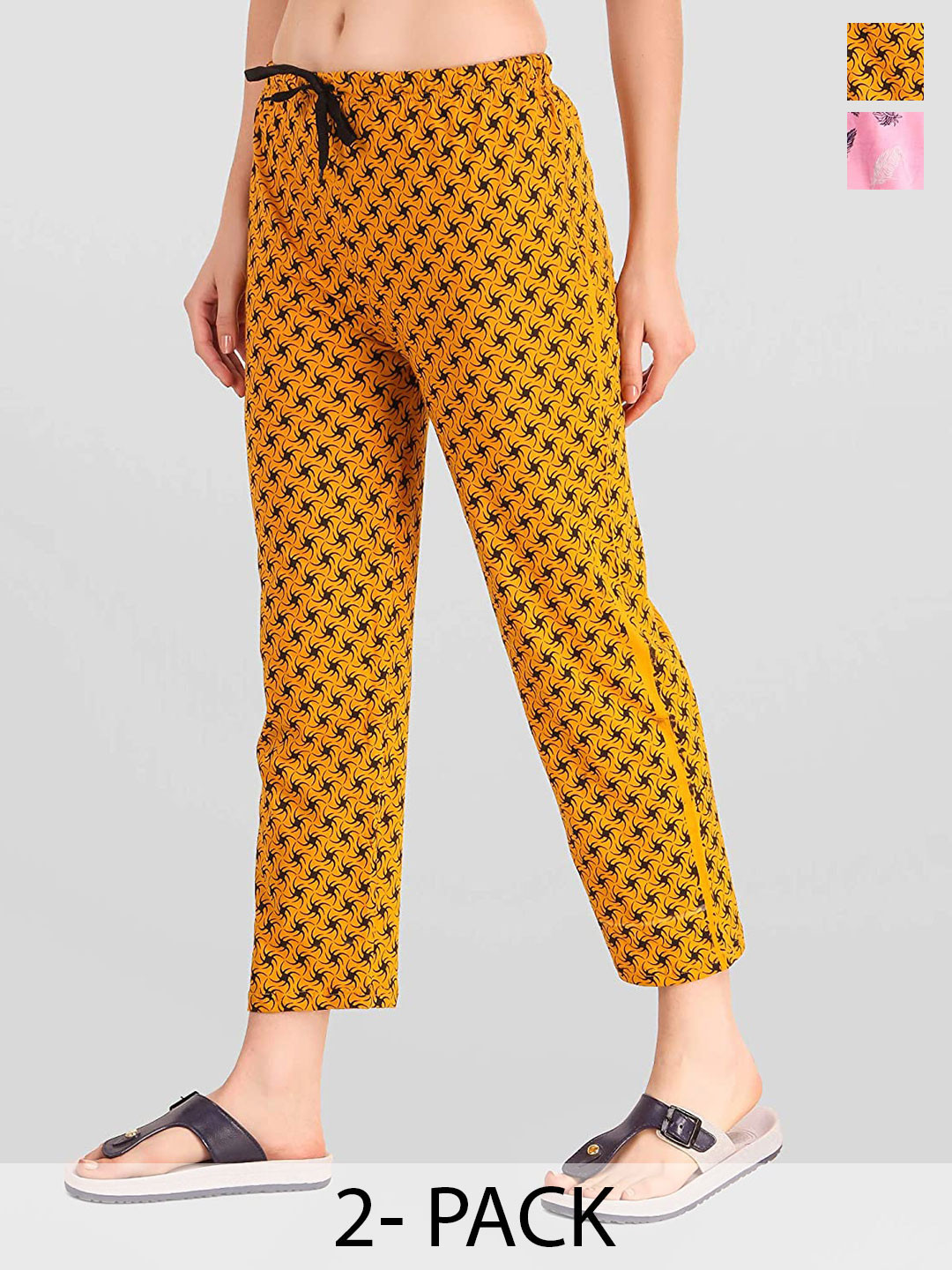 FIT N FAME Women Pack of 2 Pink & Mustard Cotton Printed Pyjamas