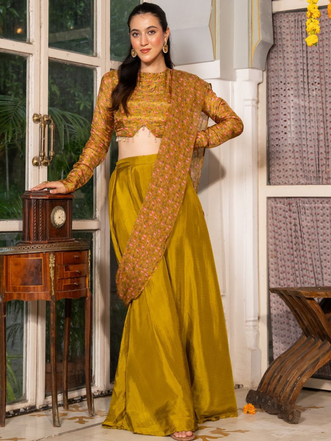 HOUSE OF JAMOTI Sarsoni Floral Printed Palazzo Pre Drape Saree