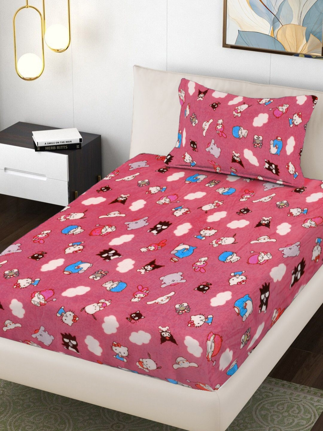 FABINALIV Pink & White Cartoon Printed 300 TC Woolen Single Bedsheet Set 2.20 m x 1.50 m