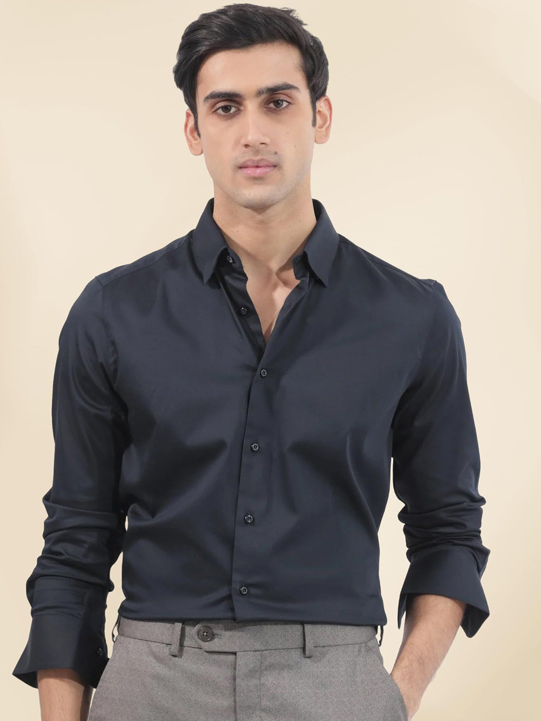INDOPRIMO Spread Collar Long Sleeves Satin Casual Shirt