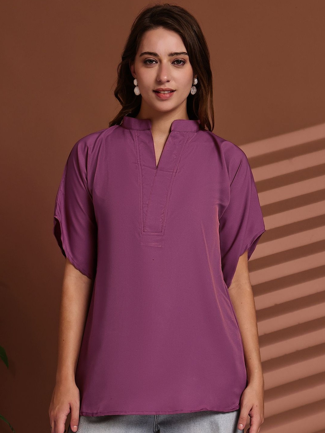 Enchanted Drapes Mandarin Collar Crepe Top