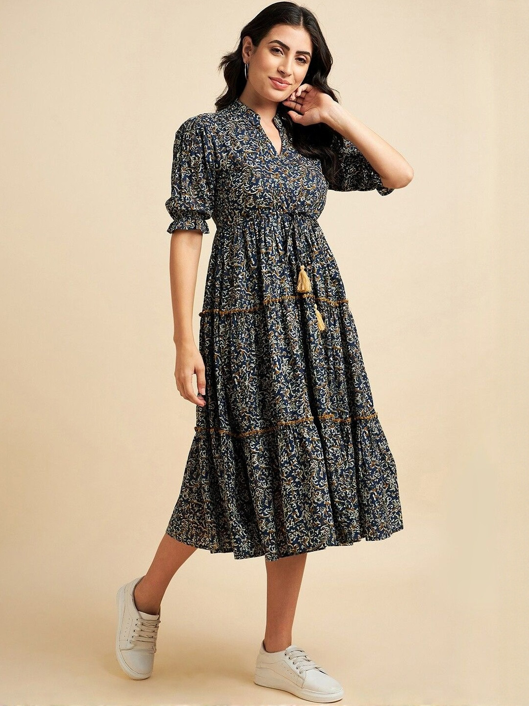 Femvy Women Bohemian Printed Mandarin Collar Fit and Flare Midi Dress