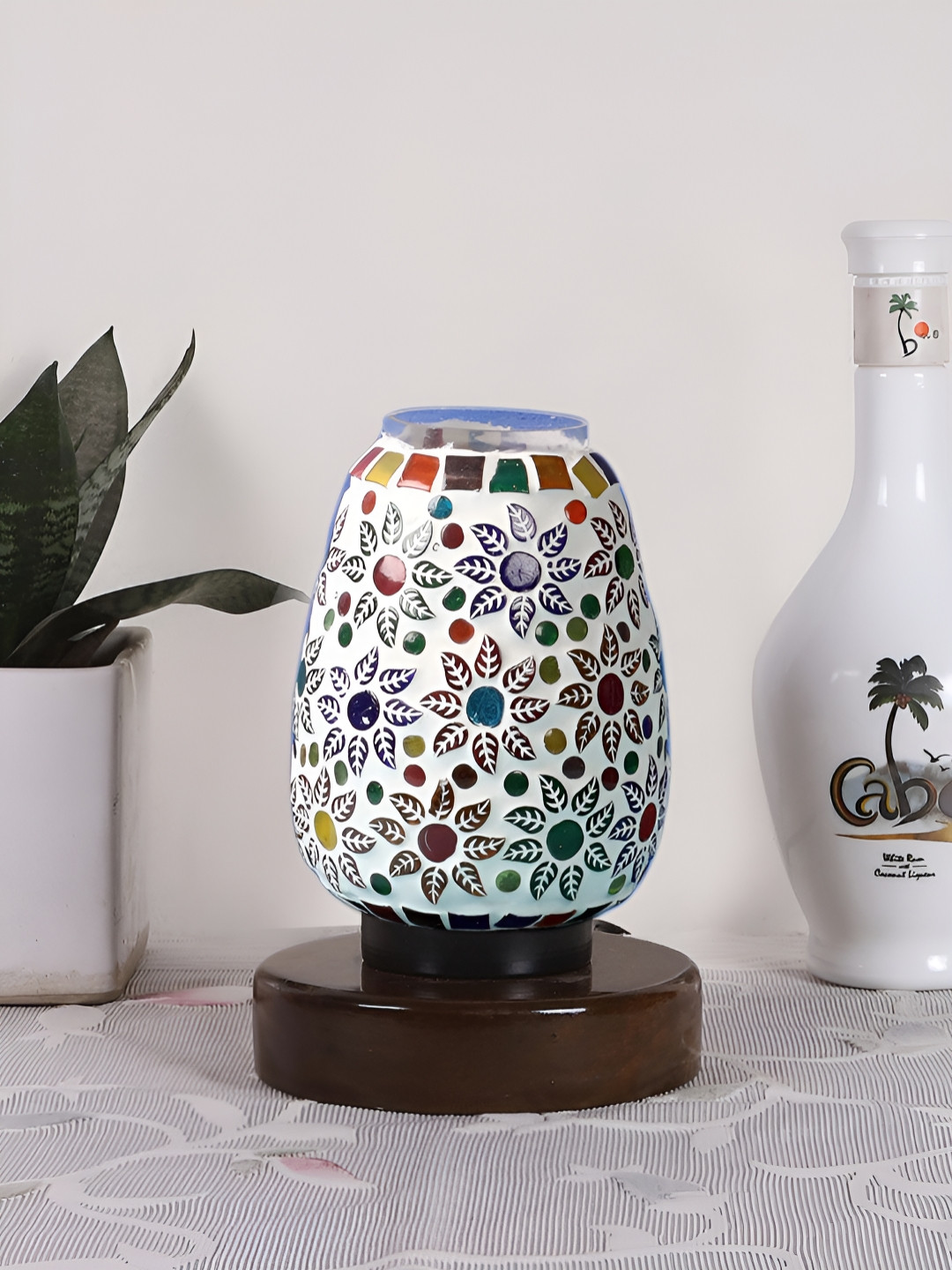 Aura White & Blue Textured Glass Cylinder Shaped Table Lamp With Base