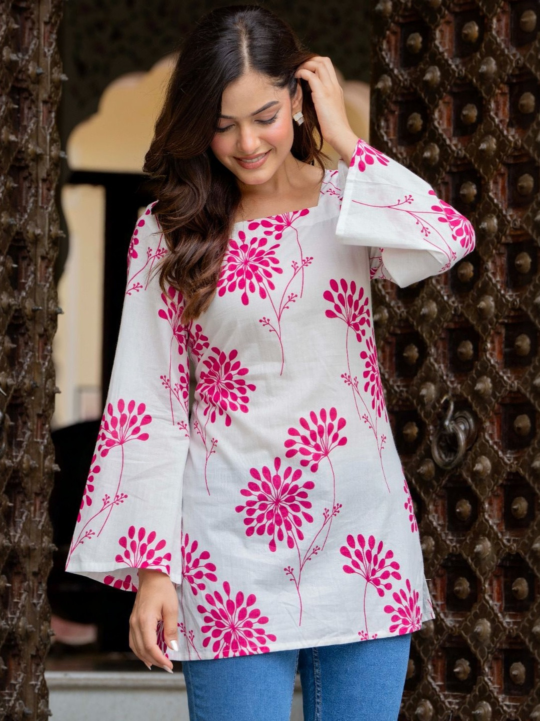 THE WHITE FEATHERS Women Floral Printed Flared Sleeve Cotton Top