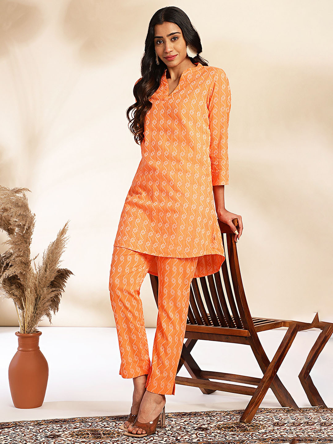 Aditi Wasan Printed Mandarin Collar Pure Cotton Tunic With Trousers