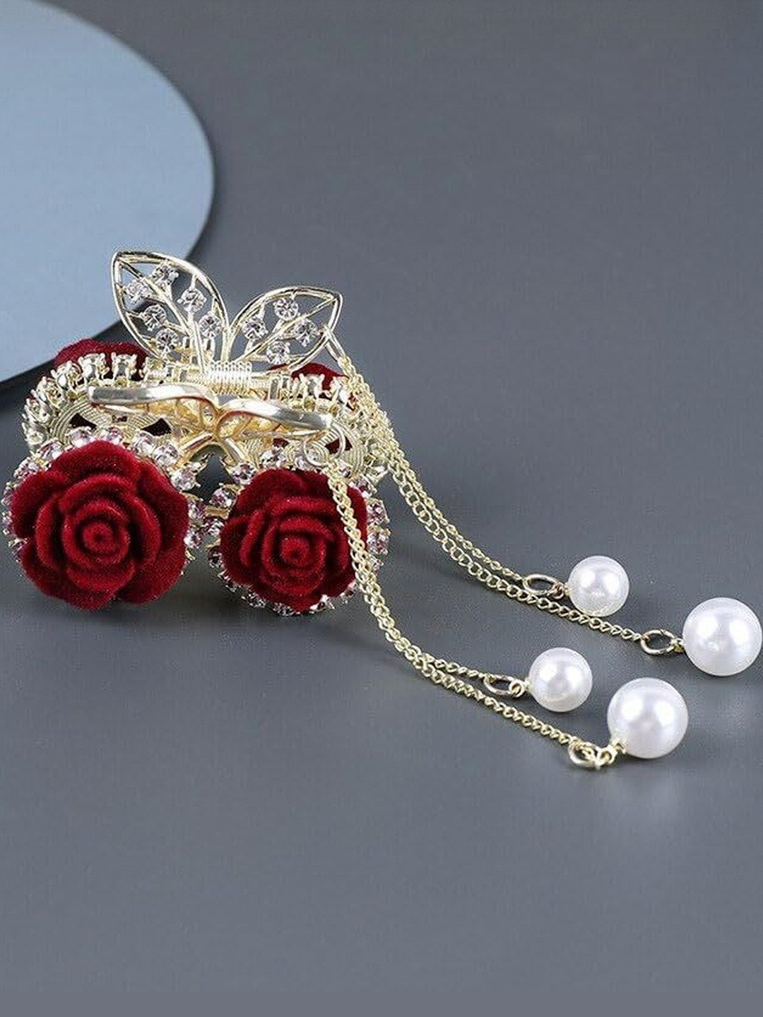Shivarth Women Red & Gold-Toned Embellished Hair Claw Clip