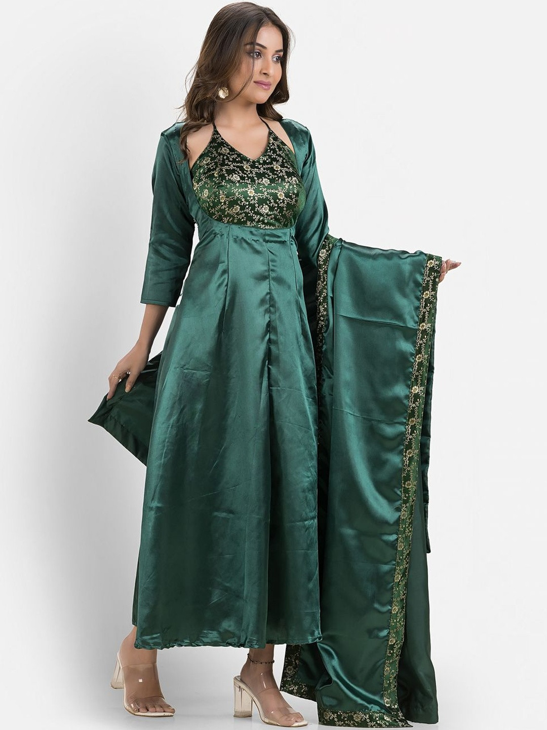 Crazy Needle Masaba Floral Printed Halter Neck Satin Fit & Flare Maxi Anarkali Dress
