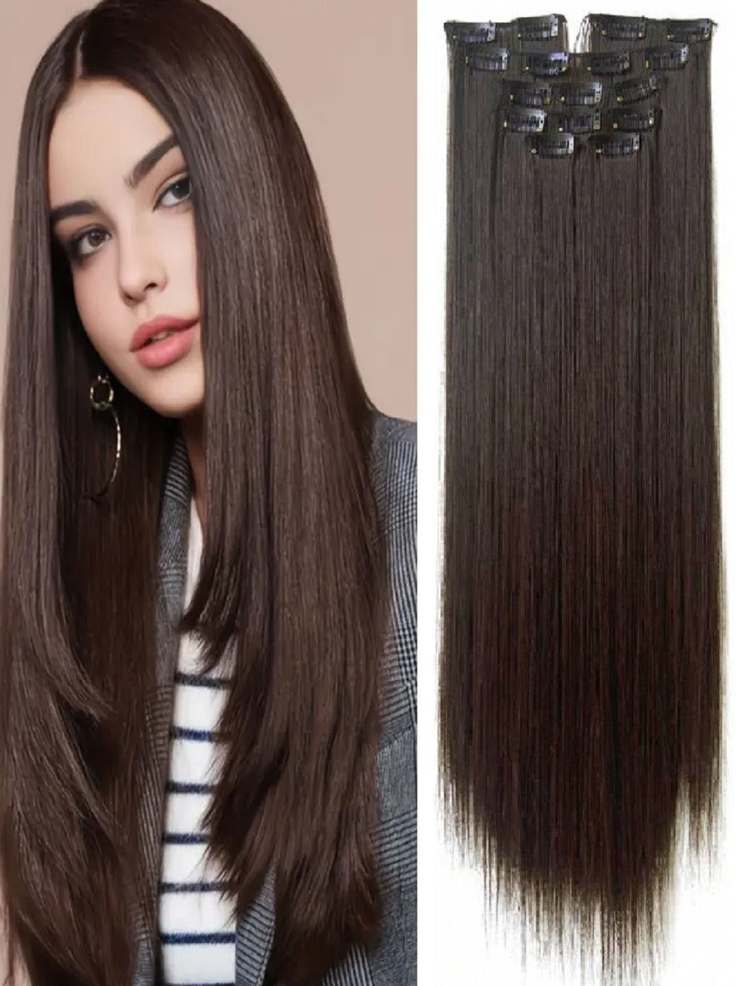 MoonEyes Women 16- Clips In Straight Scalp Topper Hair Extension Brown- 24 Inch