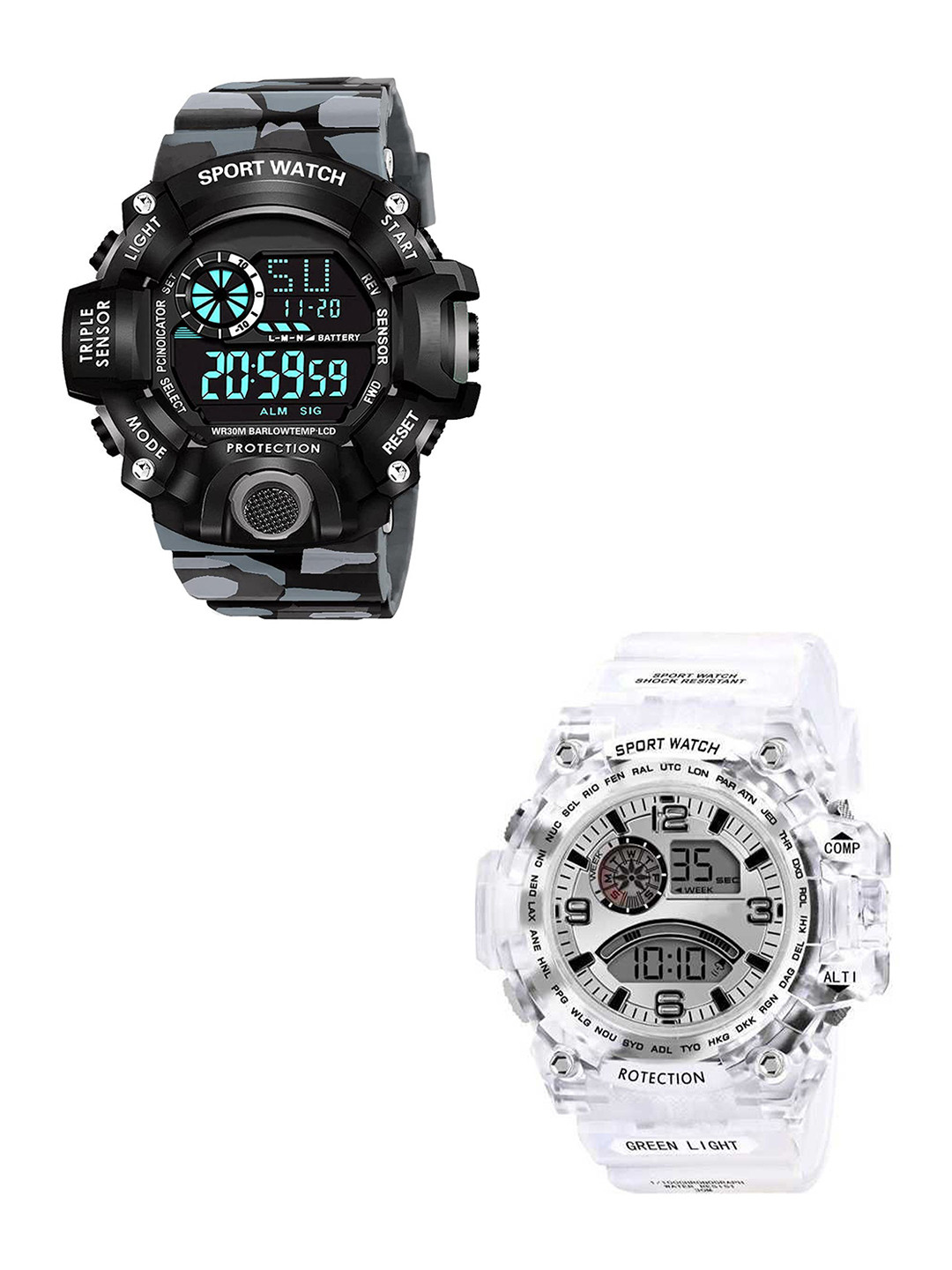 FROZIL Men Set of 2 Round Dial & Bracelet Style Digital Watch C-Army-Grey-Trans White