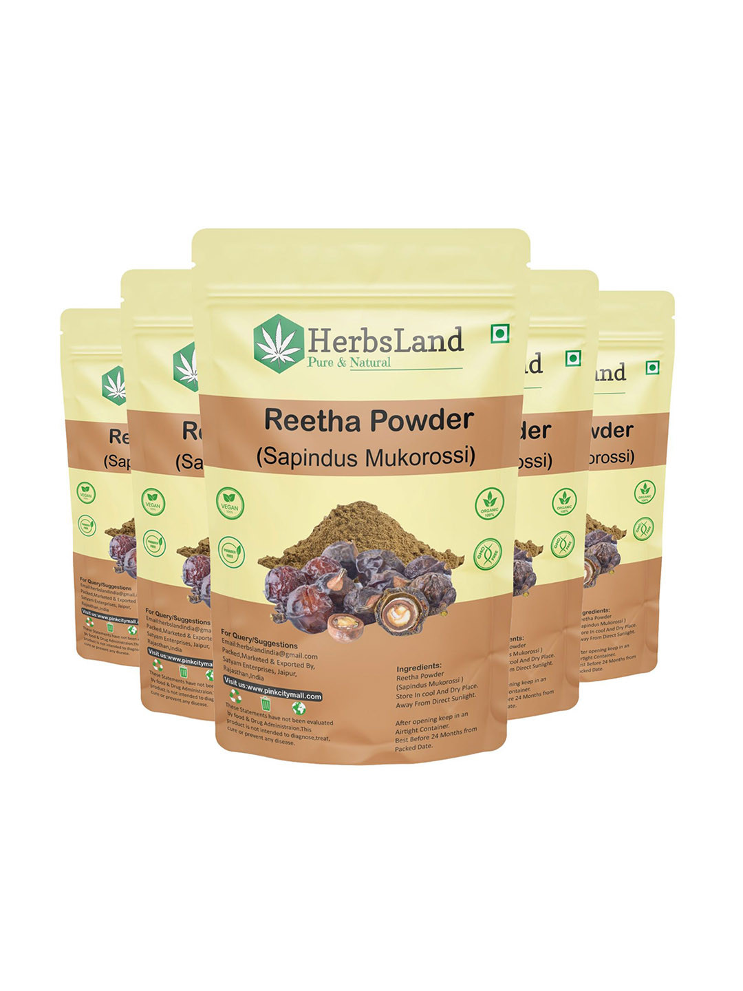 HerbsLand Set Of 5 Reetha Powder For Hair Cleansing Shampoo - 100 g Each