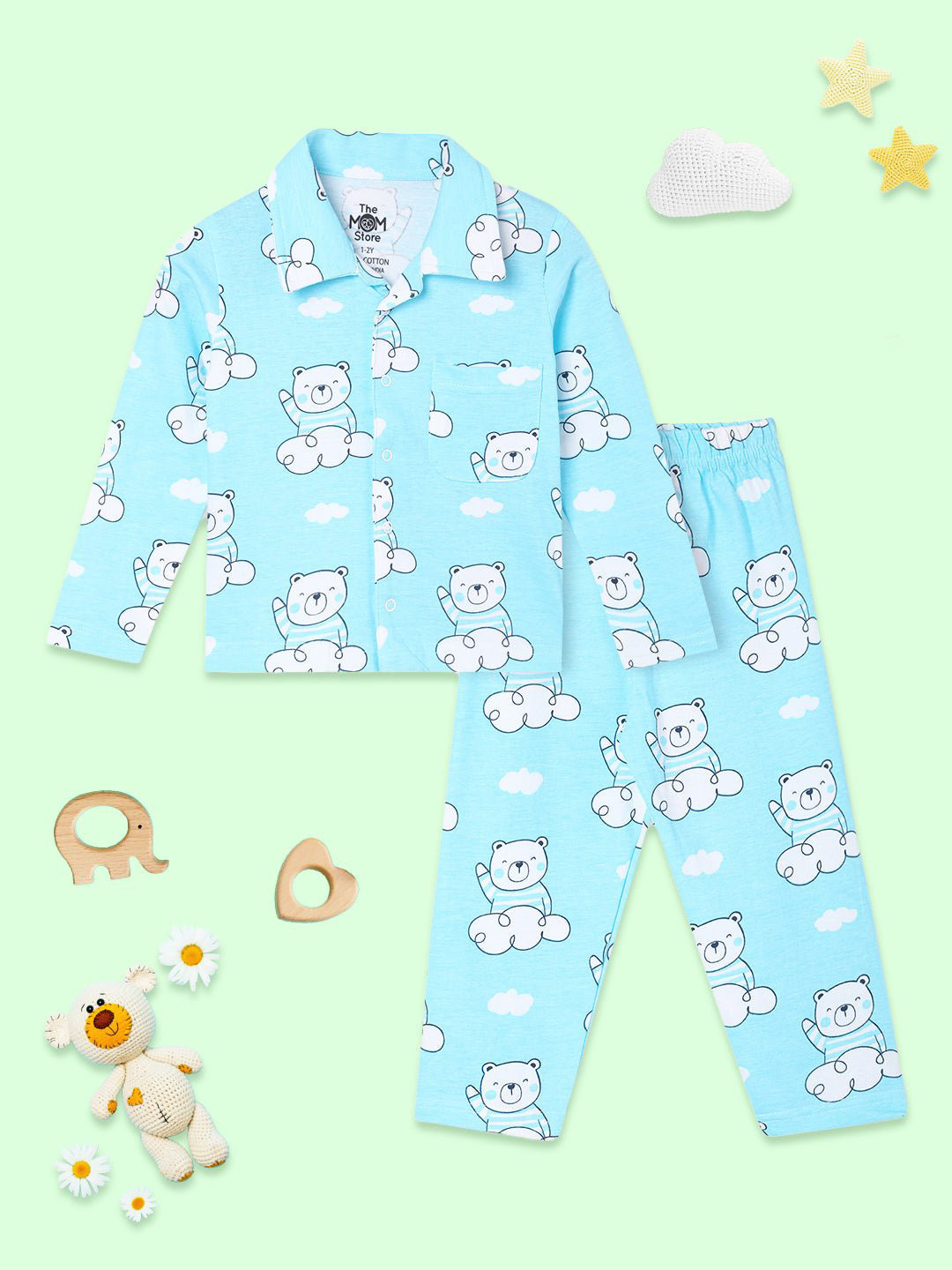 The Mom Store Unisex Kids Blue & White Printed Night suit