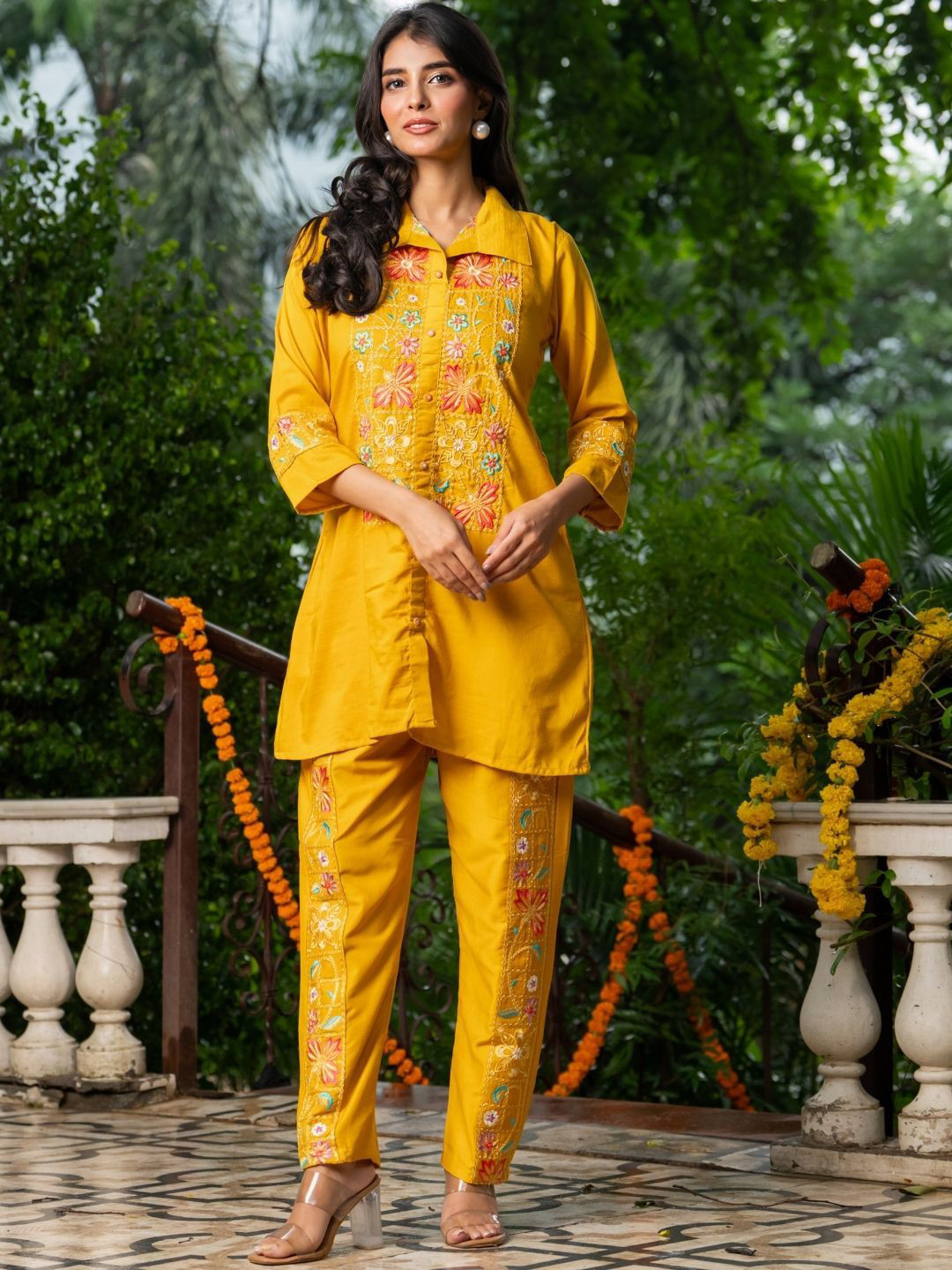 HOUSE OF JAMOTI Avira Mustard Embroidered Shirt Collar Tunic With Trouser Co-Ords Set