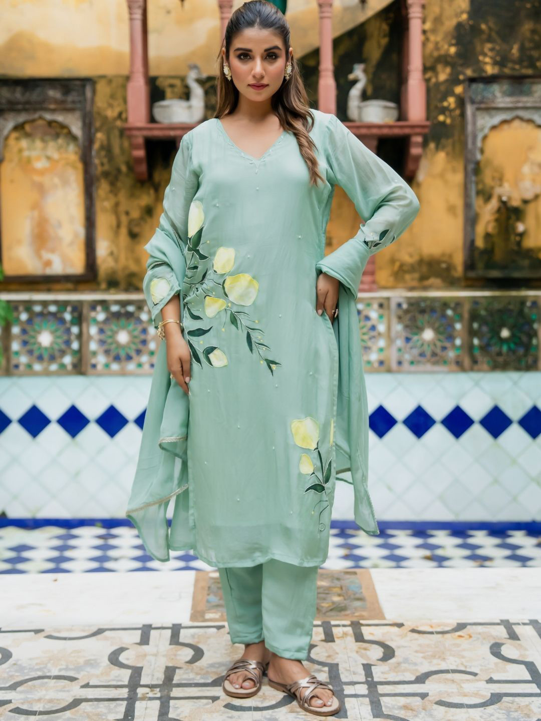 HOUSE OF JAMOTI Haya Floral Embroidered Thread Work Organza Kurta With Trousers & Dupatta