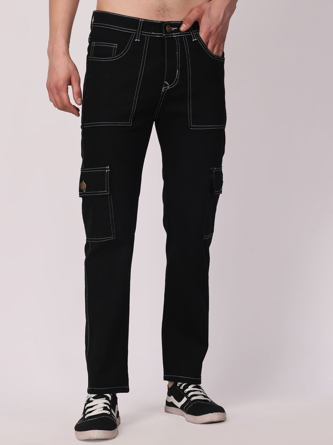 PRJ IN STYLE Men Loose Fit Mid-Rise Cargos Denim Trousers