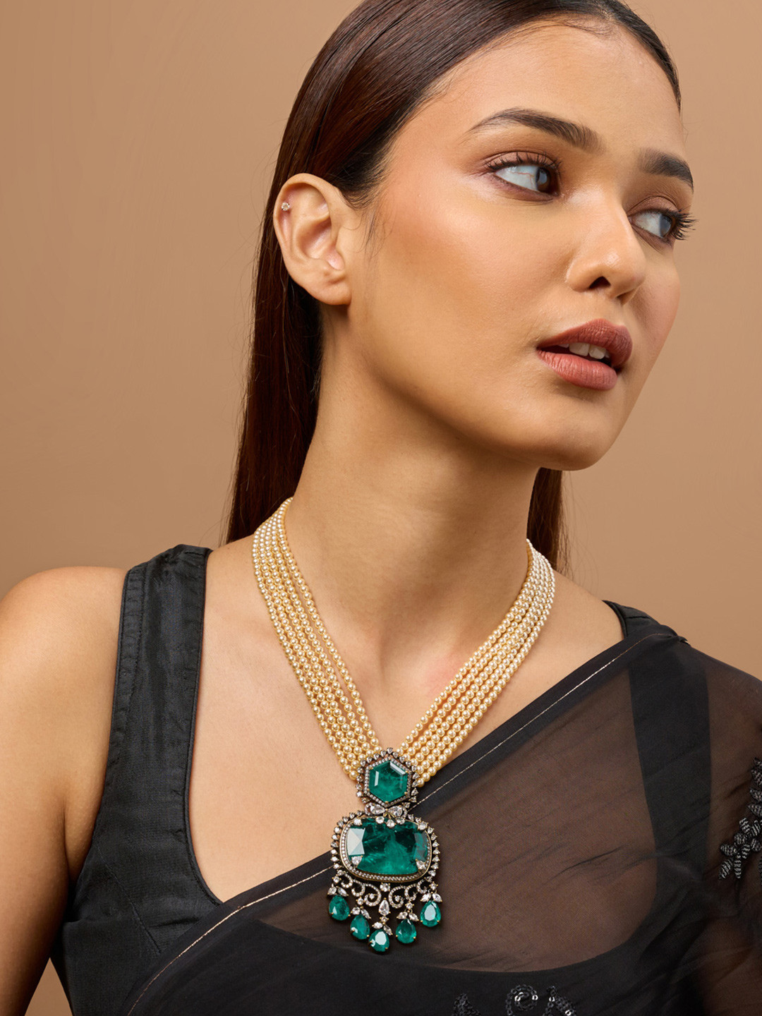 Kushal's Fashion Jewellery Victorian-Plated Zircon Stone Studded & Beaded Necklace