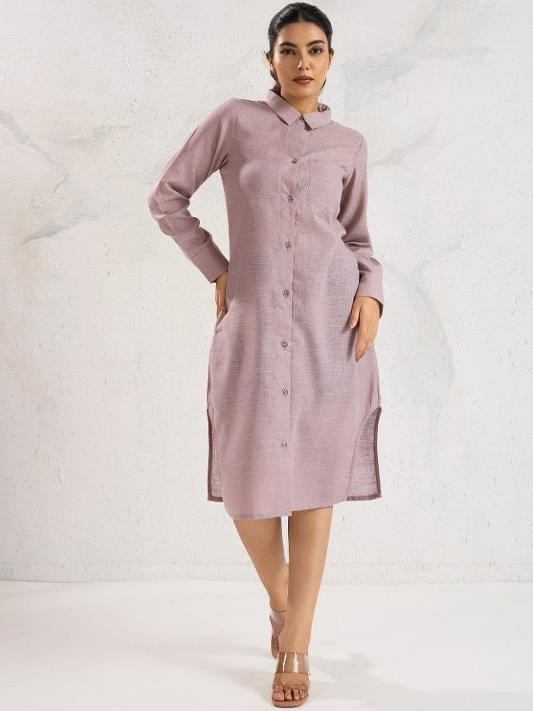 IQELA Women Slits Shirt Collar Long Sleeves Satin Shirt Dress