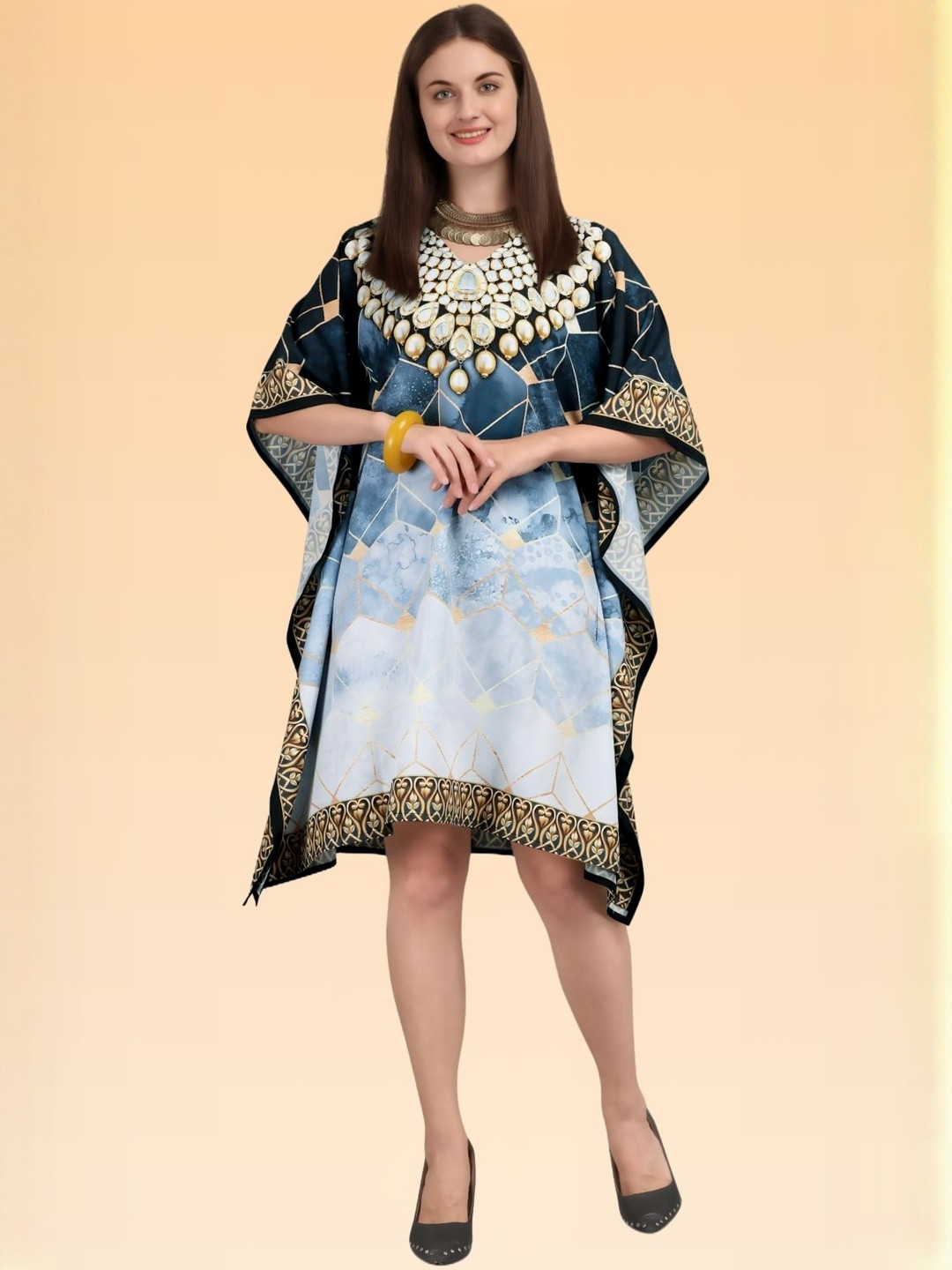 SilkSutra Women Geometric Printed Kimono Sleeve Kaftan Dress