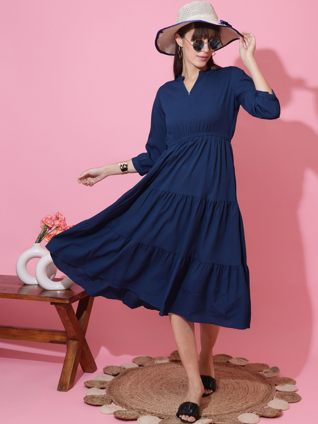 Honky Tonky Solid Gathered or Pleated Cuffed Sleeves Fit & Flare Midi Dress