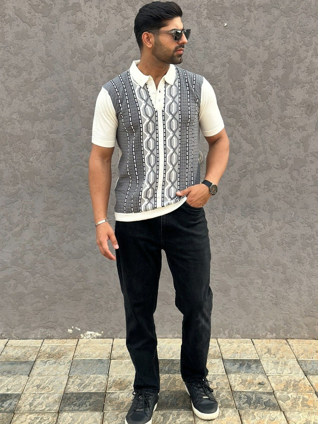 Raimbera Men Geometric Printed Polo Collar Cotton T-shirt