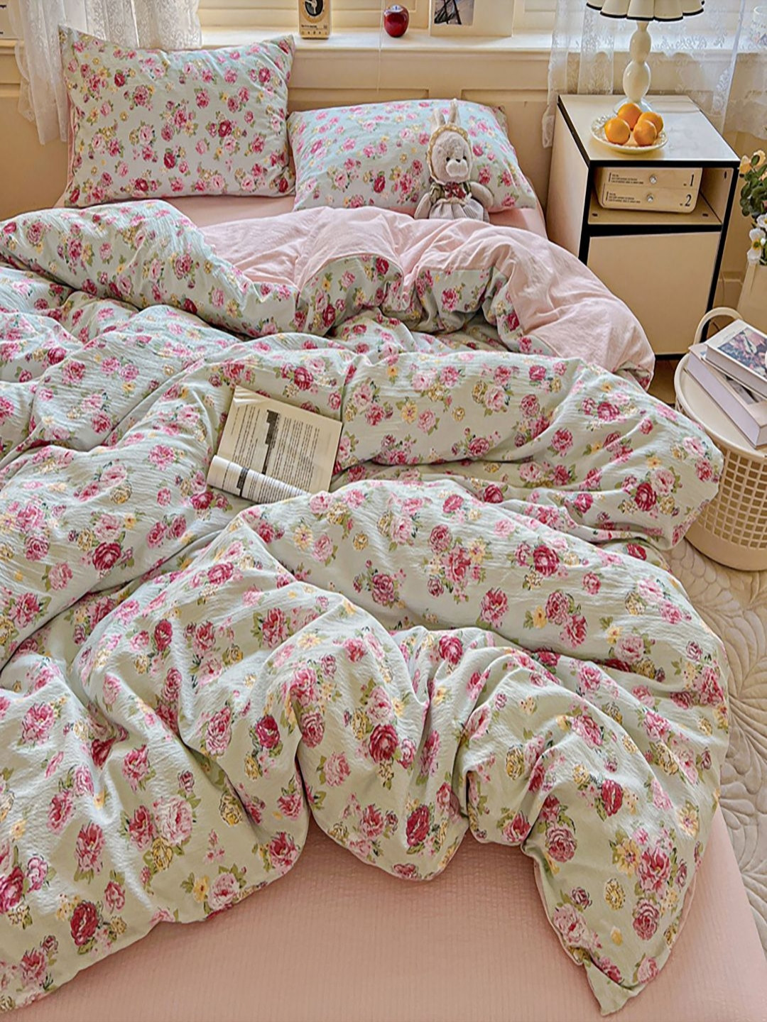 JC HOME Pink & Green 4 Pieces Floral Printed Double Queen Bedding Set
