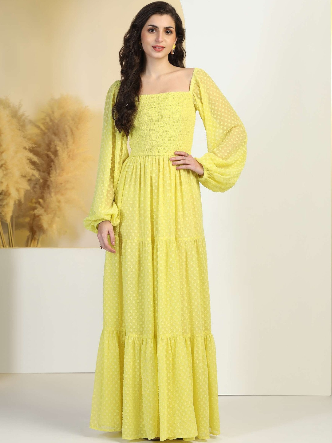 FLY STITCH Women Self Design Square Neck Puff Sleeves Smocked Fit And Flare Dress