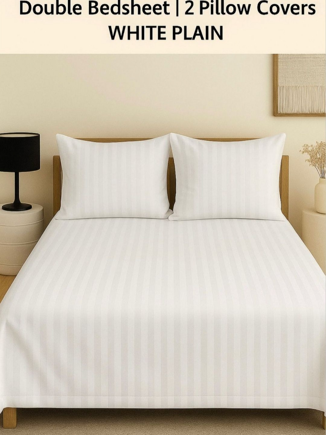 Comfort Shoppy White Striped 250 TC Queen Bedsheet with 2 Pillow Covers
