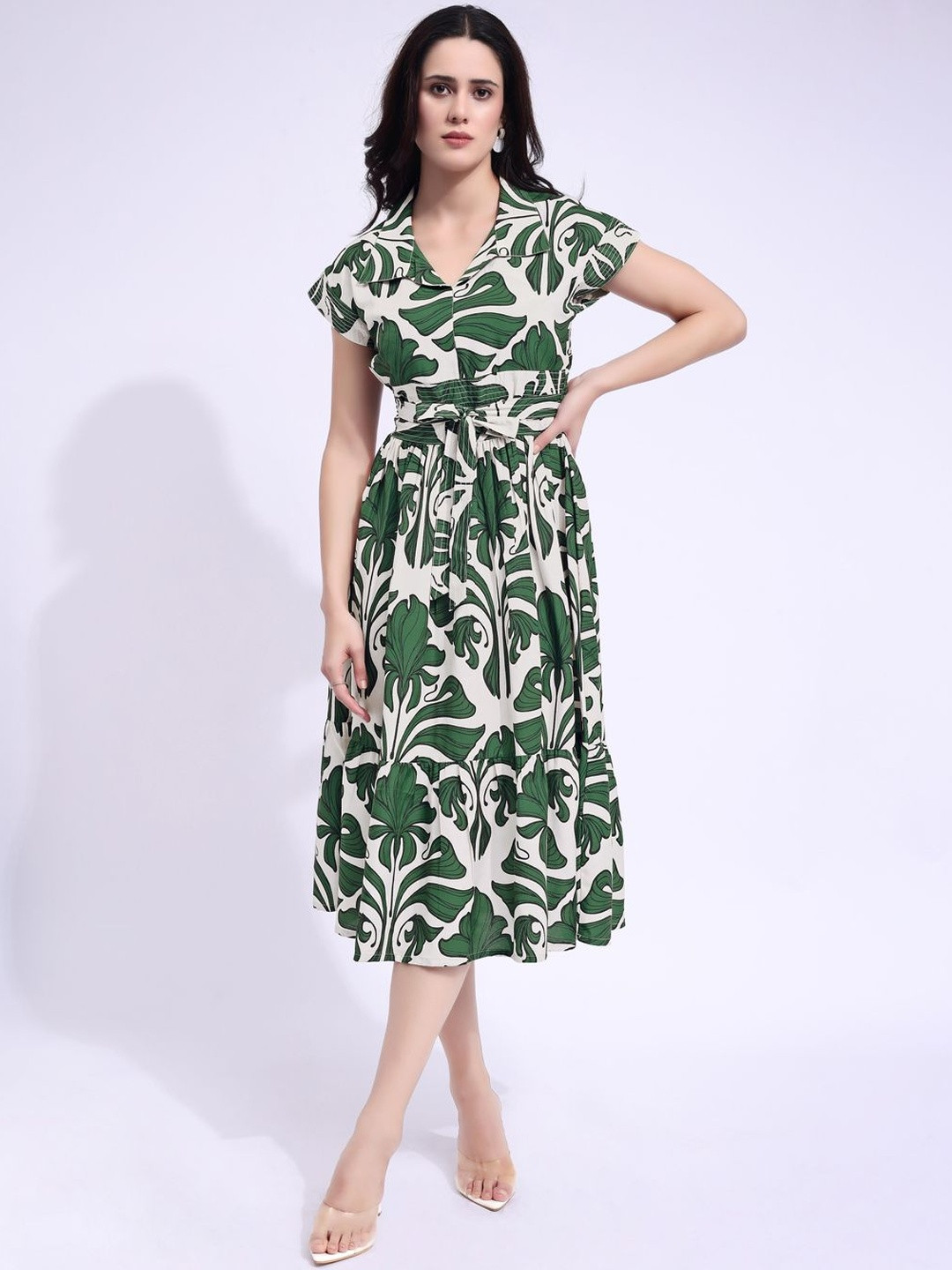PURVAJA Women Floral Printed Shirt Collar Cap Sleeves Fit And Flare Dress