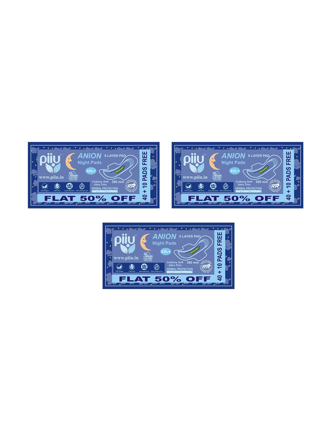 PIIU Set Of 3 Soft Cottony Rash Free Ultra-Thin Anion Sanitary Pads - 50 Pads - 360mm Each