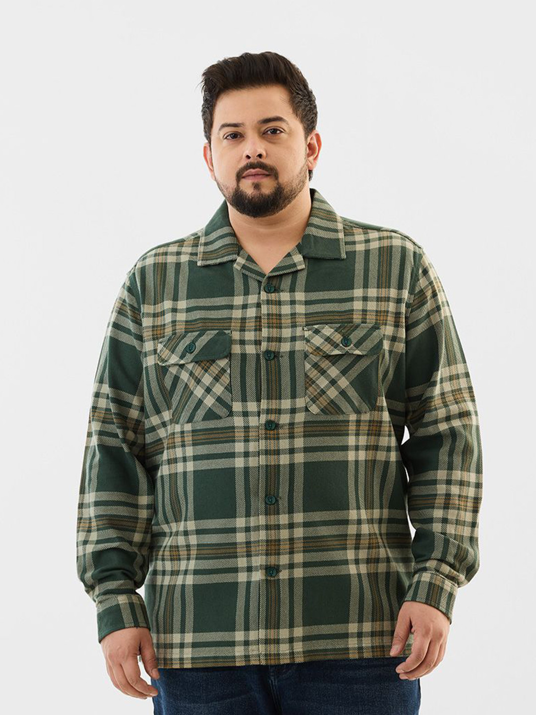 Snitch Men Plus Size Boxy Fit Buffalo Checked Spread Collar Cotton Casual Shirt