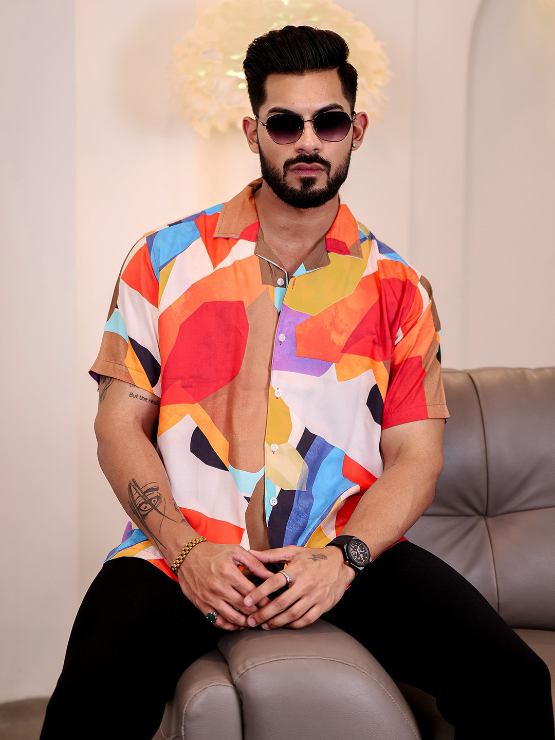 Eszett Men Geometric Printed Cuban Collar Casual Shirt