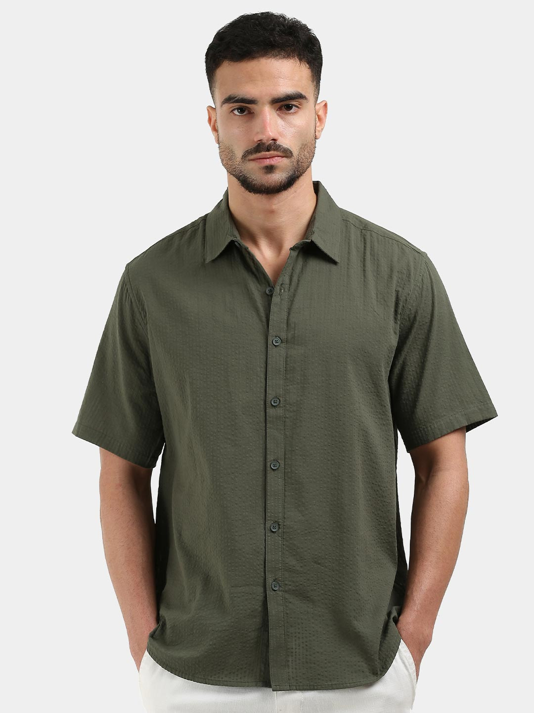 StitchX Men's Half Sleeve Textured Seersucker Resort Shirt