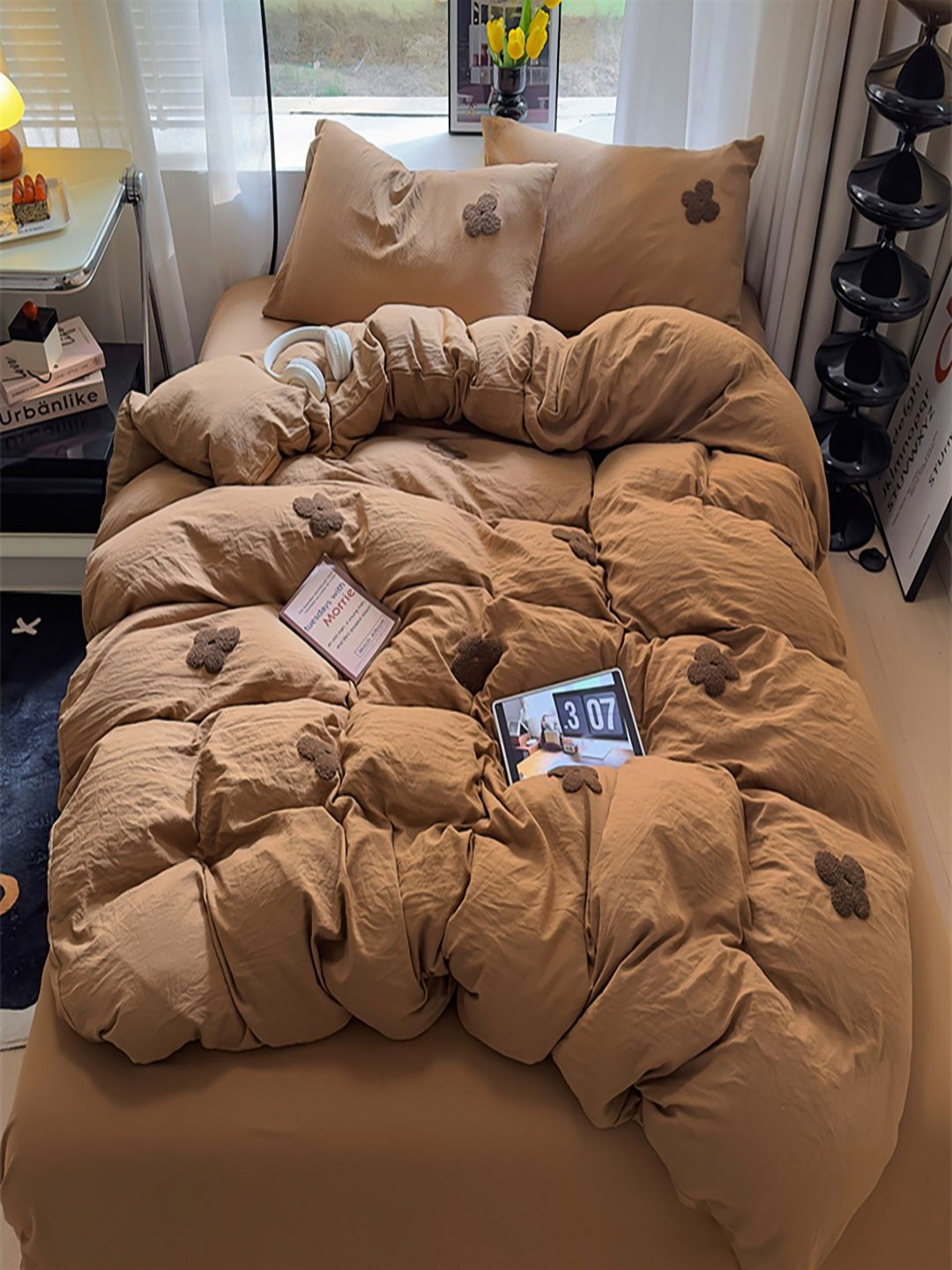 JC HOME Brown Self Design AC Room Double Queen Bedding Set