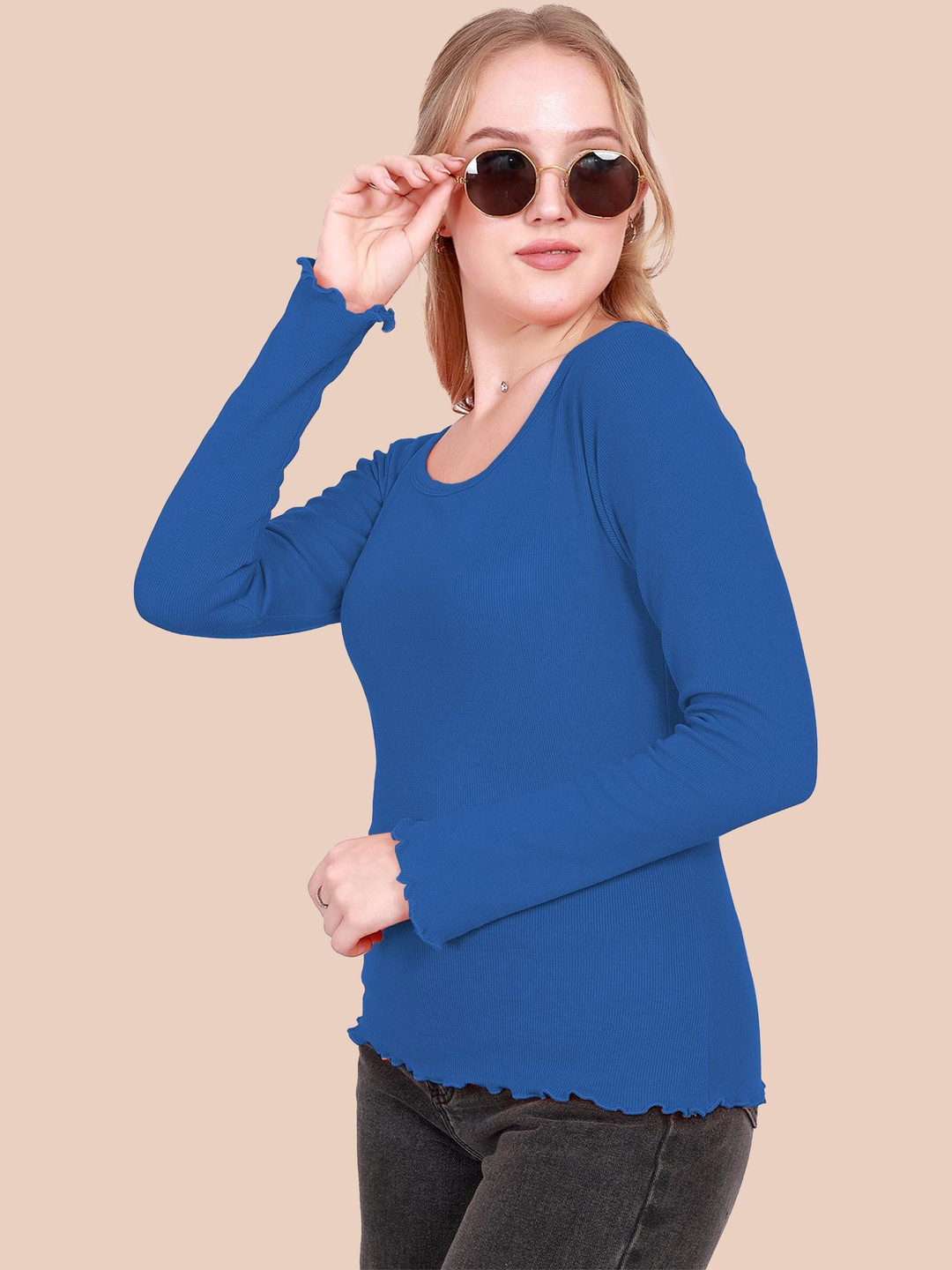 SSTAIR Women Scoop Neck Ribbed Ruffles Top