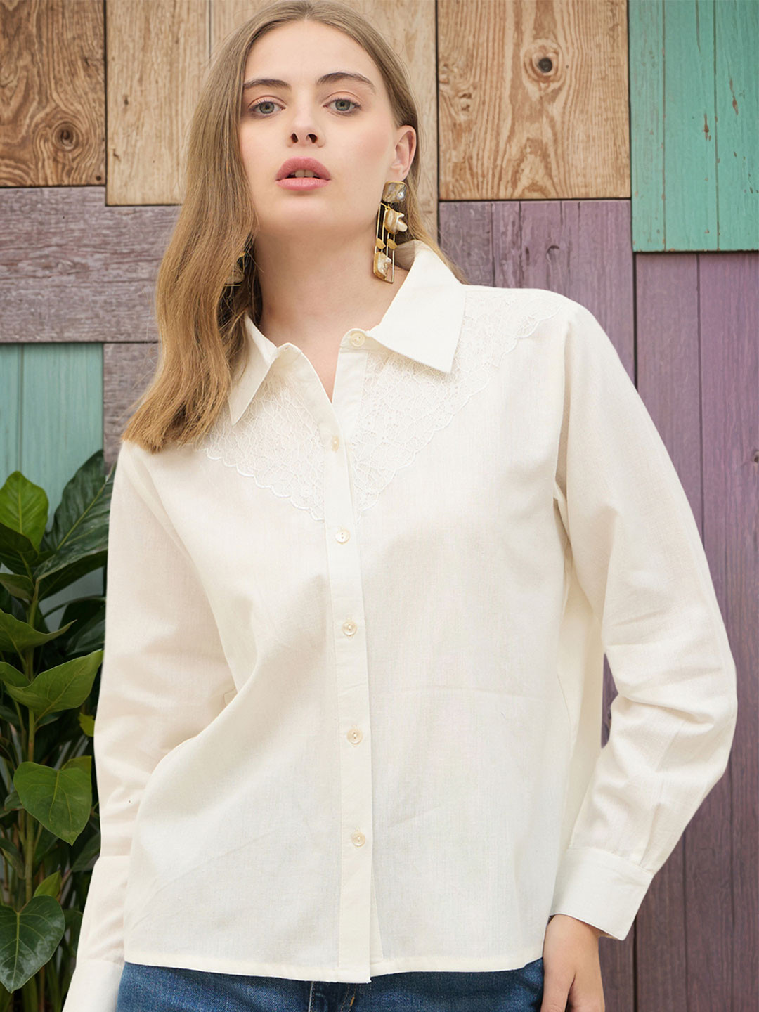 Styli Womens Opaque Embroiderd Lace Detail Cotton Linen Shirt