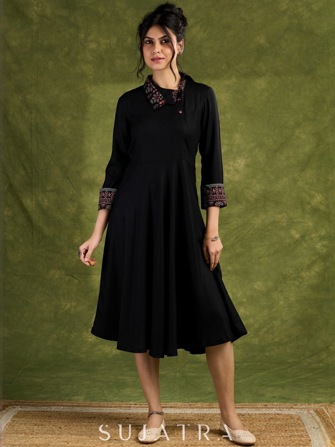 SUJATRA Black Rayon Dress With Printed Collar And Cuffs
