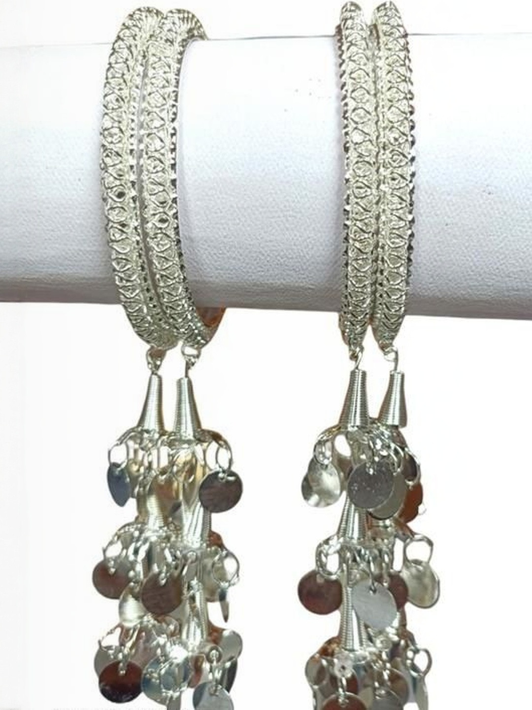 Honbon 4 Piece Silver Bangles With Coin Shape Hanging Kangan Latkan