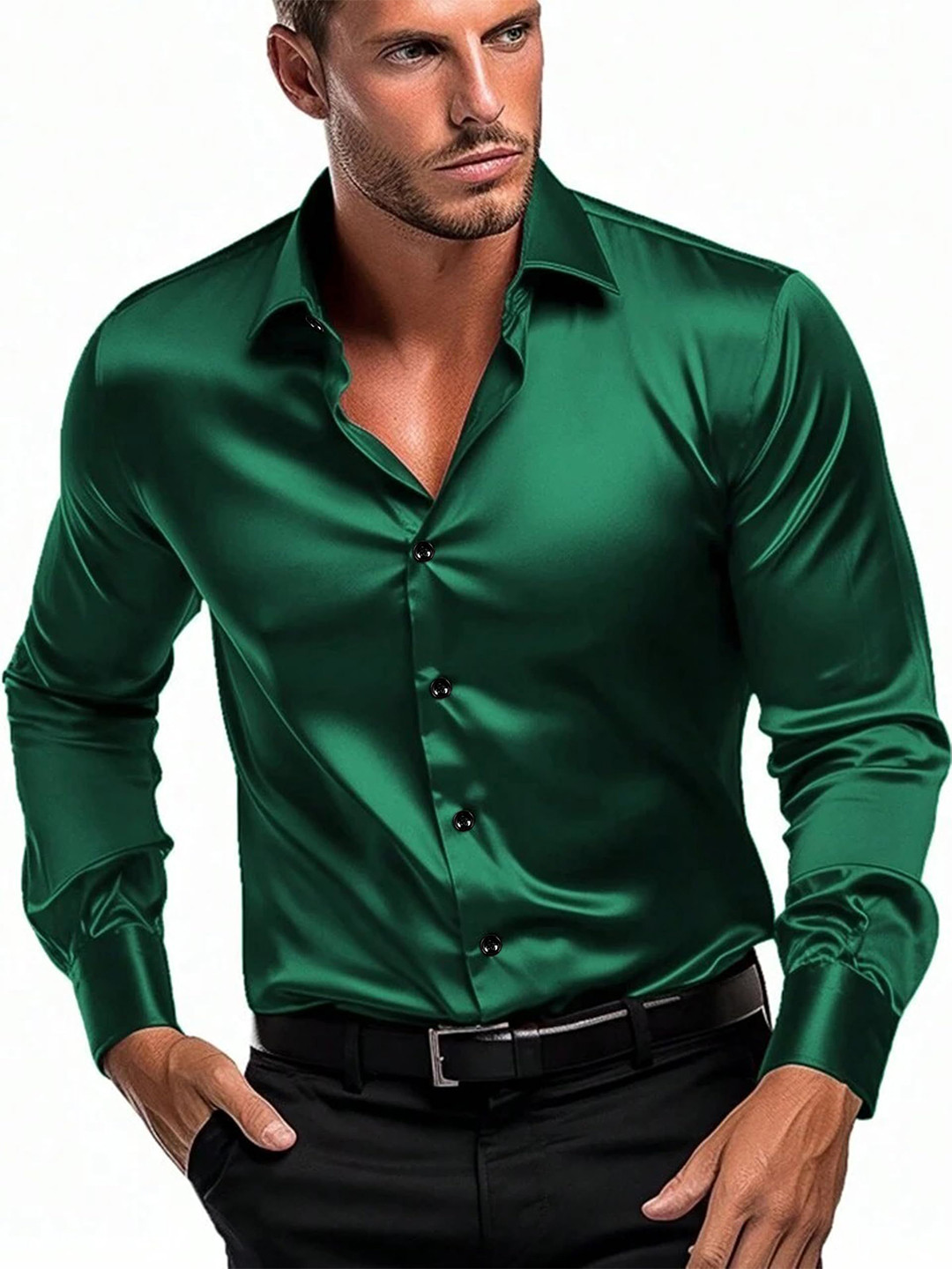 INDOPRIMO Spread Collar Long Sleeves Satin Casual Shirt