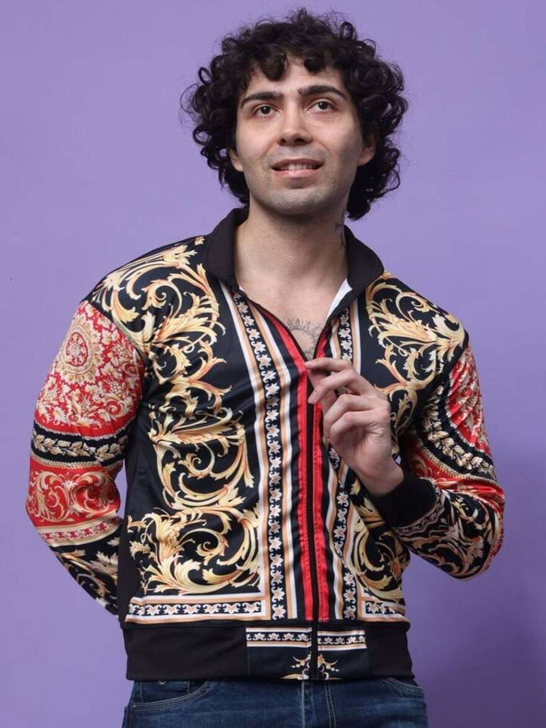 YELLOW TREE Men Mandarin Collar Graphic Lightweight Bomber Jacket