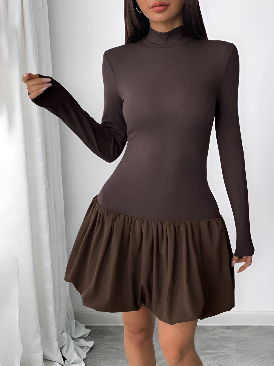 JC Mode Women Ribbed High Neck Balloon Mini Dress