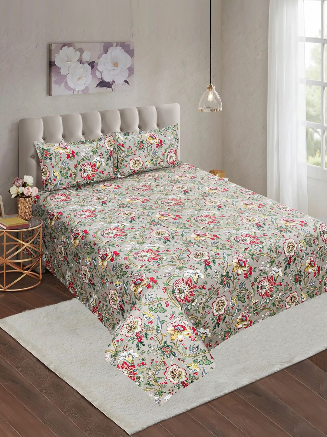 fingercraft Grey & Red Floral 180 TC Cotton Double King Bedsheet Set 2.50 m x 2.25 m