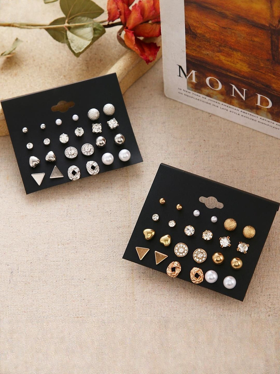 DressBerry Set Of 24 Silver and Gold Plated Pearls Geometric Studs Earrings