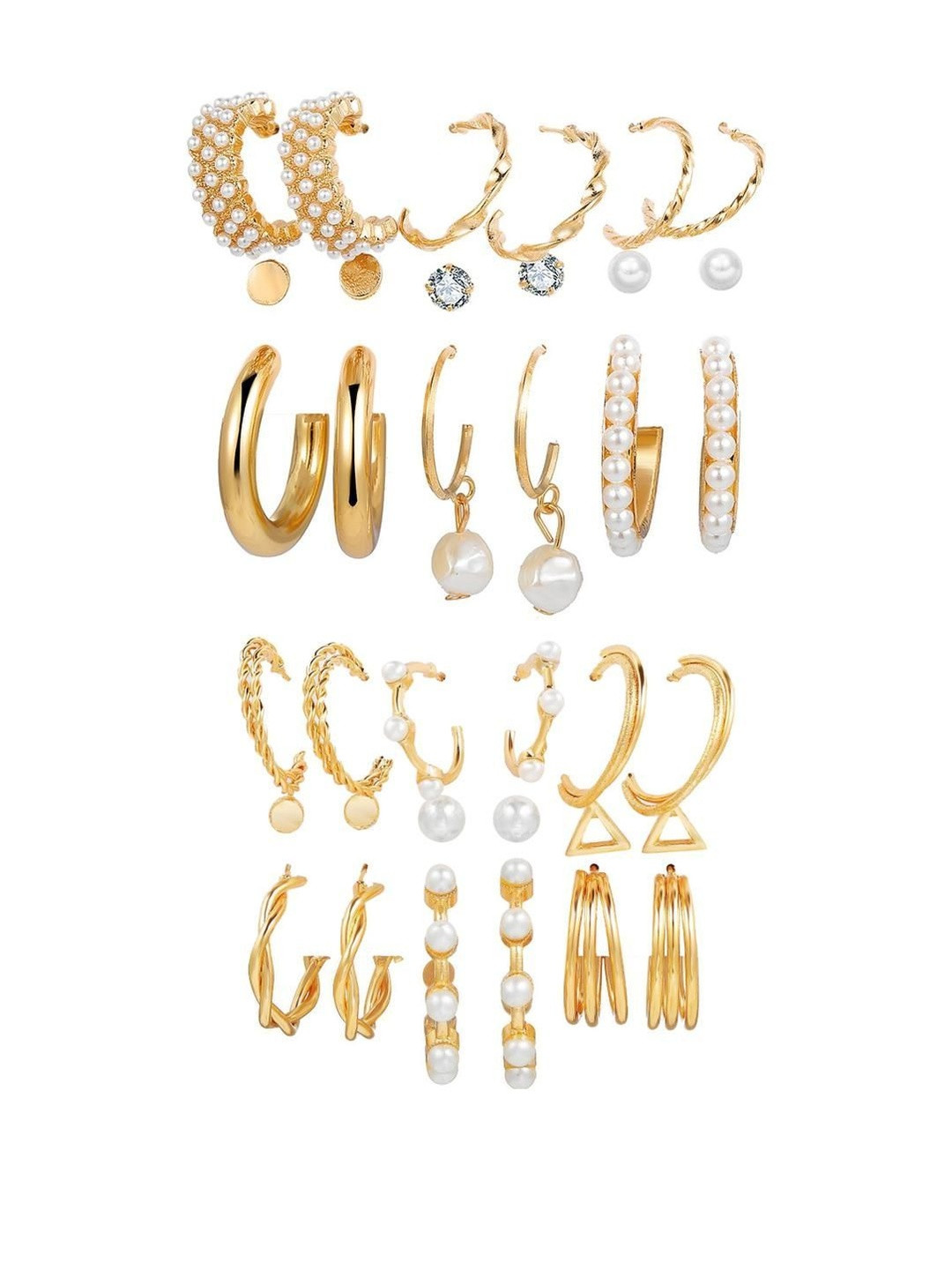 DressBerry Set of 16 Gold-Plated Alloy Cubic Zirconia Contemporary Earrings
