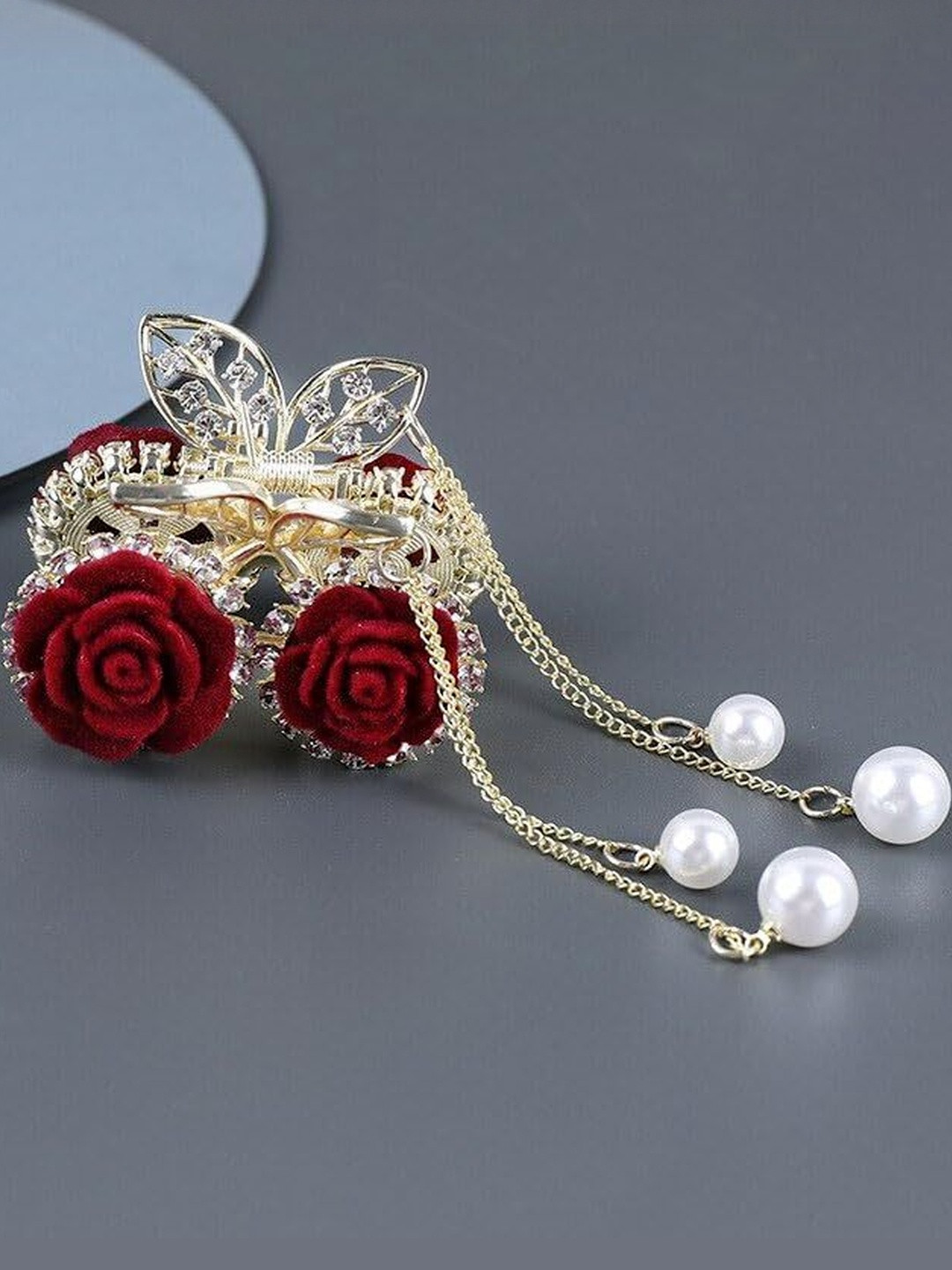 NAVMAV Women Embellished Rose Pearl Tassel Claw Clip